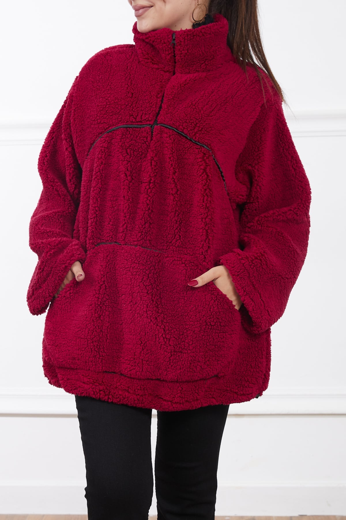 Kanguru Cepli Peluş Sweatshirt Bordo