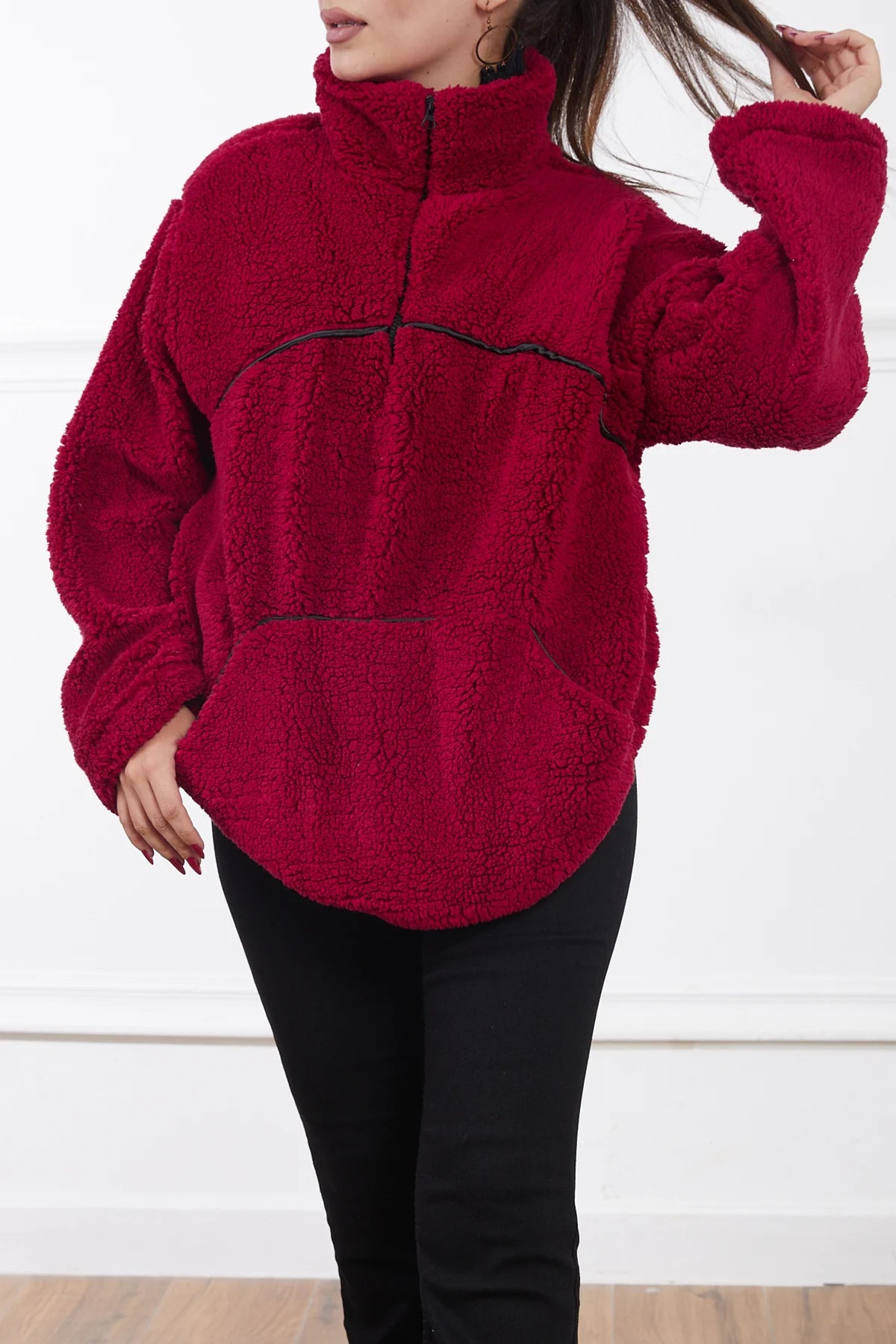 Kanguru Cepli Peluş Sweatshirt Bordo