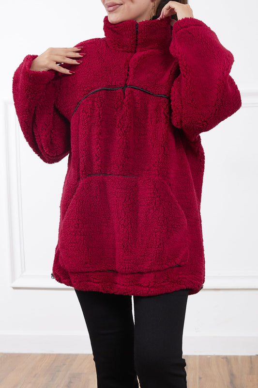 Kanguru Cepli Peluş Sweatshirt Bordo