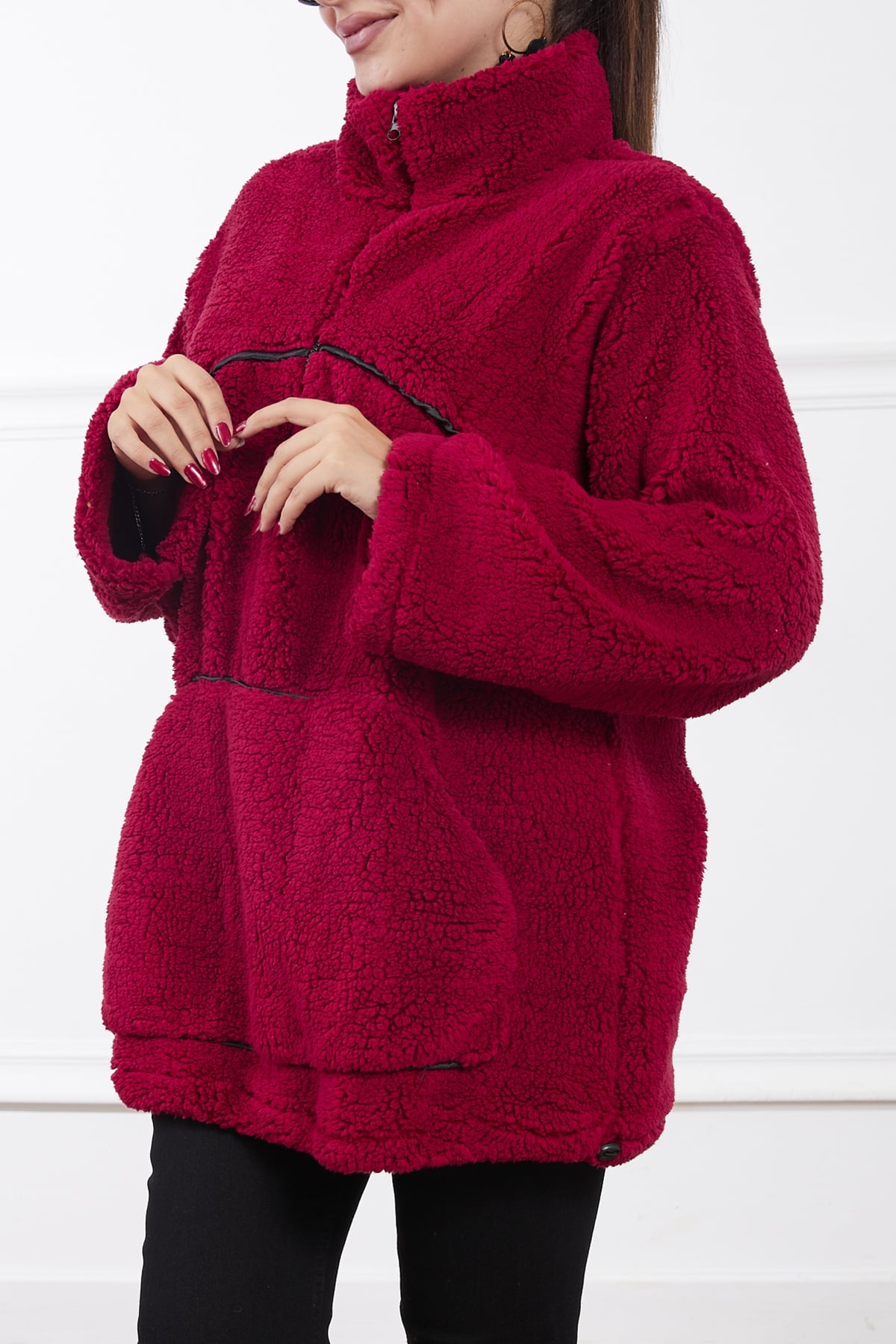 Kanguru Cepli Peluş Sweatshirt Bordo