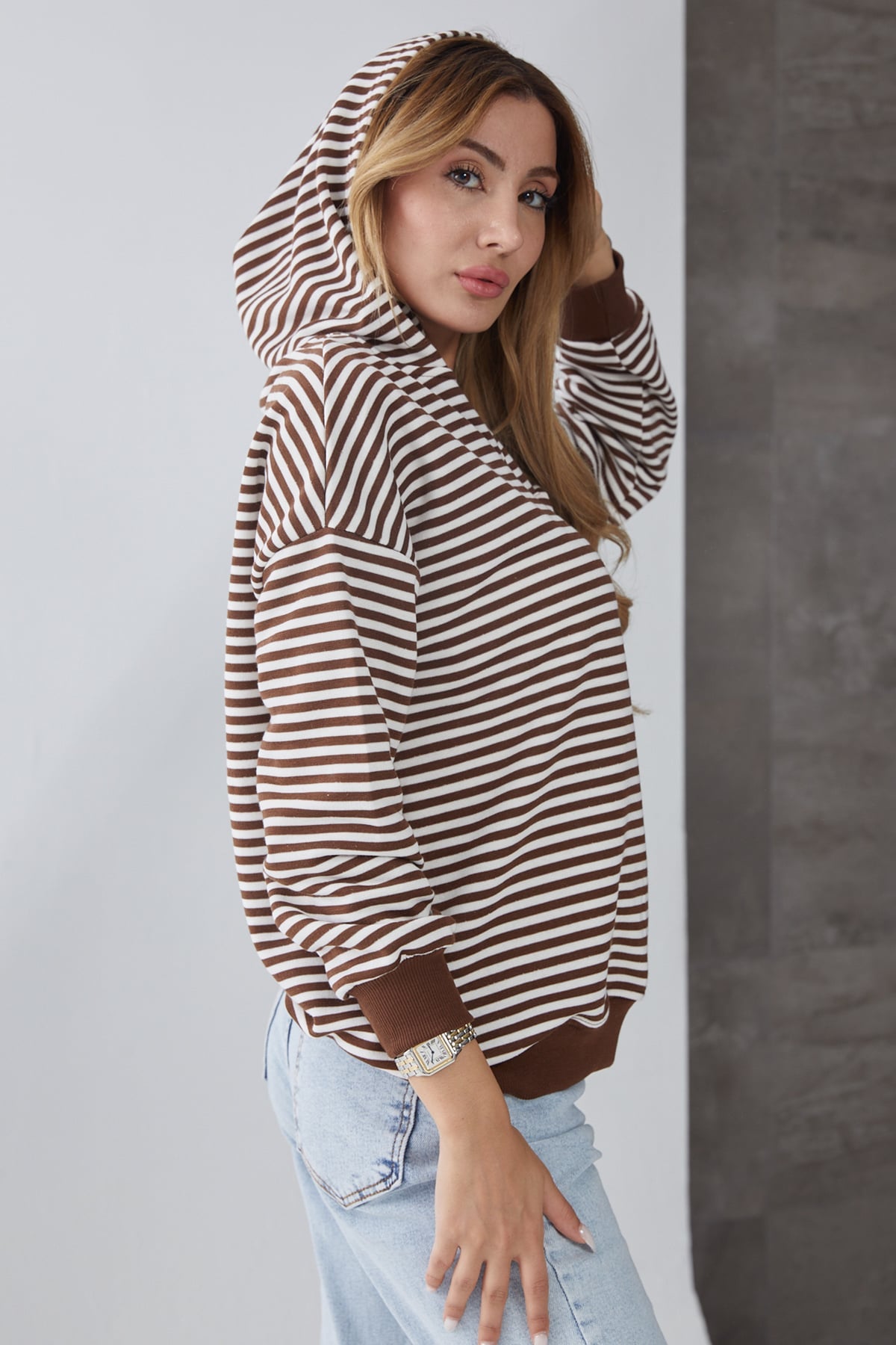 Kapüşonlu Çizgili Düşük Kol Sweatshirt Kahve