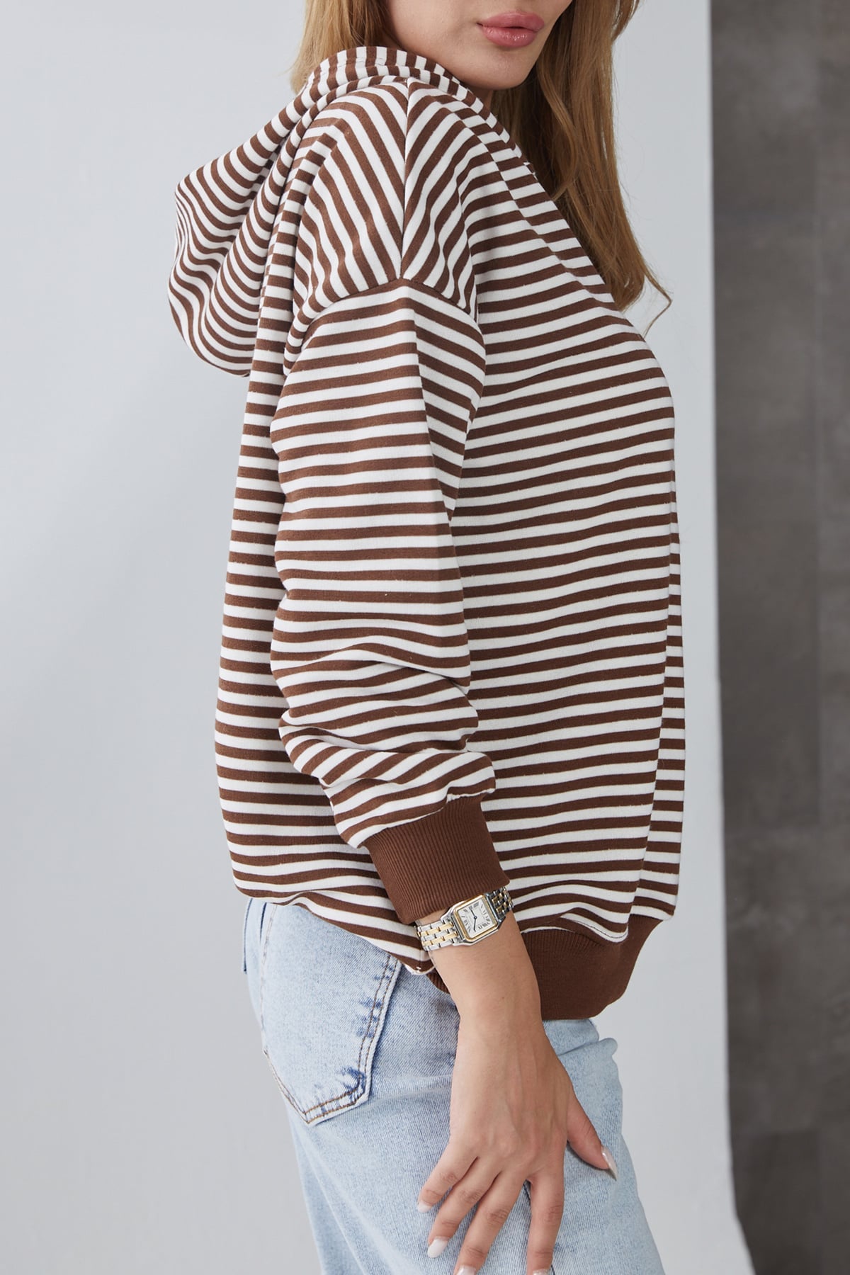 Kapüşonlu Çizgili Düşük Kol Sweatshirt Kahve