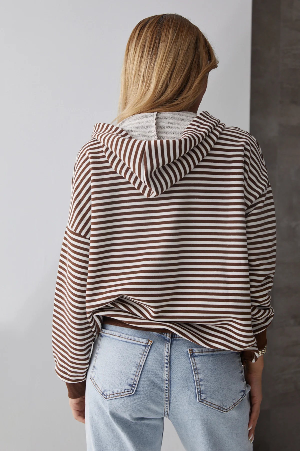 Kapüşonlu Çizgili Düşük Kol Sweatshirt Kahve