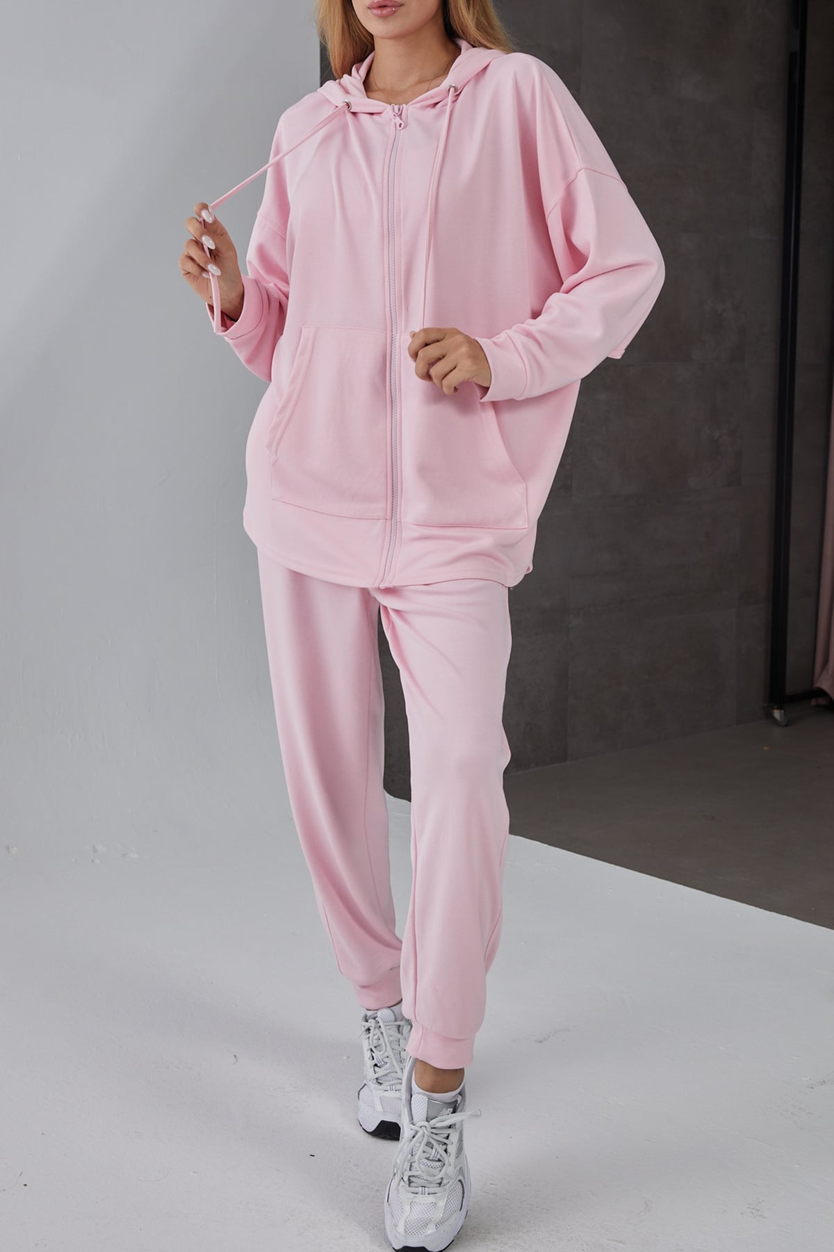 Kapüşonlu Fermuarlı Modal Eşofman Takımı Pembe