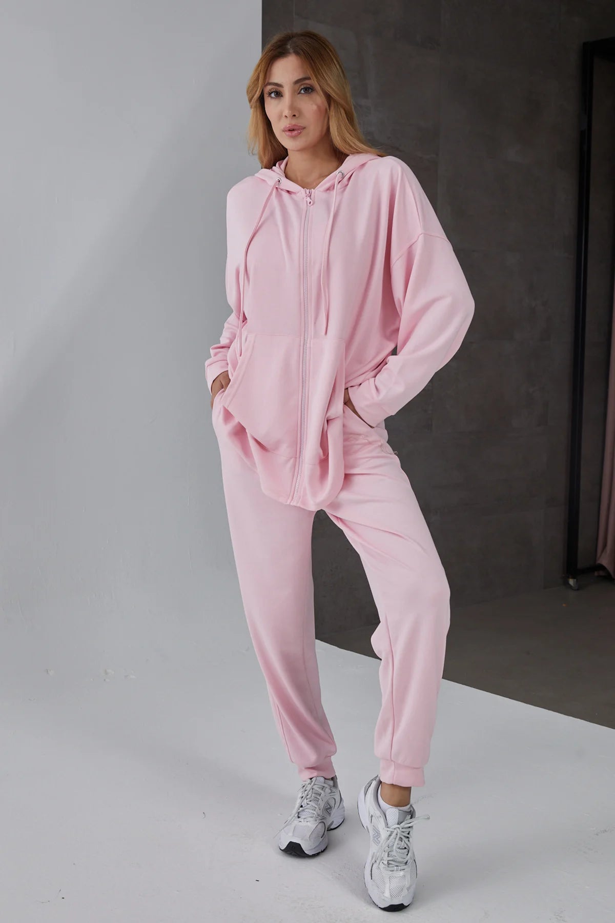 Kapüşonlu Fermuarlı Modal Eşofman Takımı Pembe