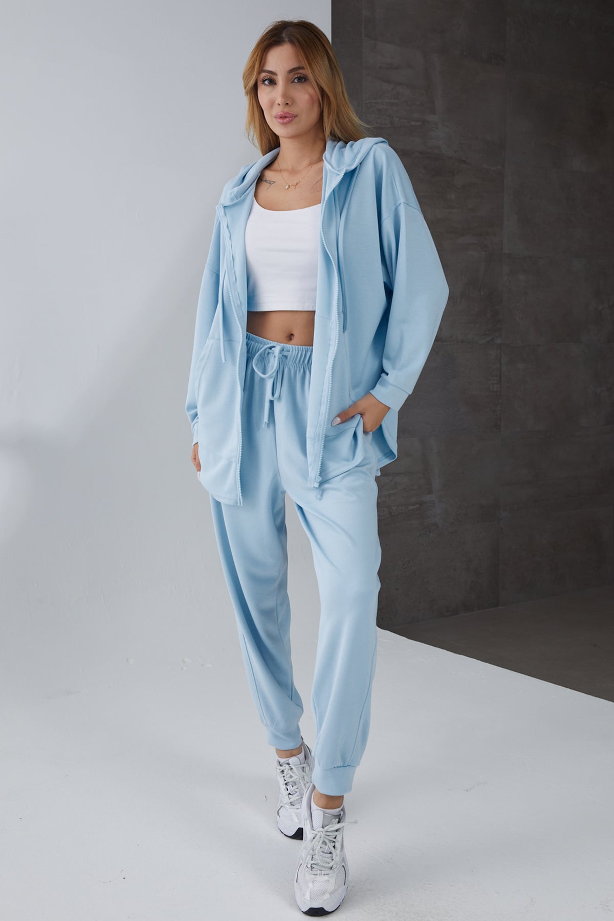 Kapüşonlu Fermuarlı Modal Eşofman Takımı Mavi