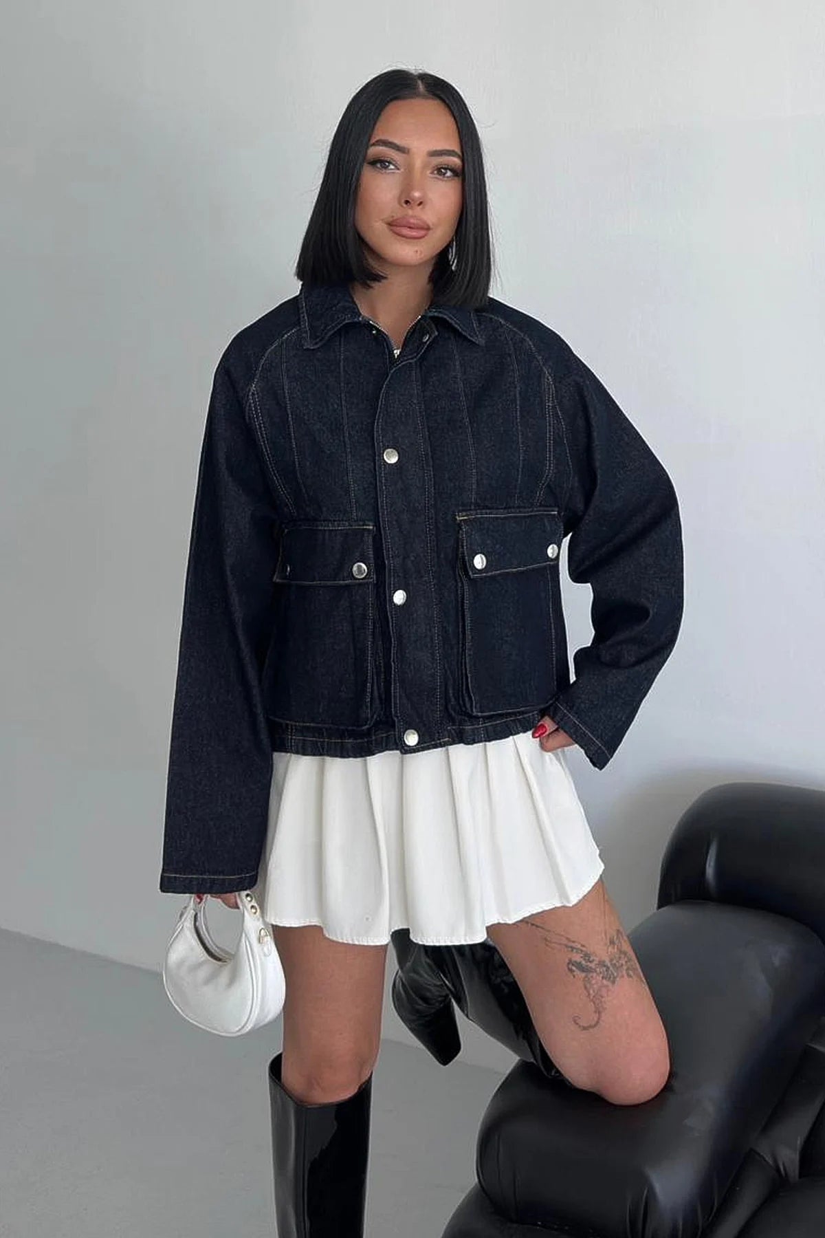 Torba Cepli Çıtçıt Detaylı Fermuarlı Kot Ceket Lacivert