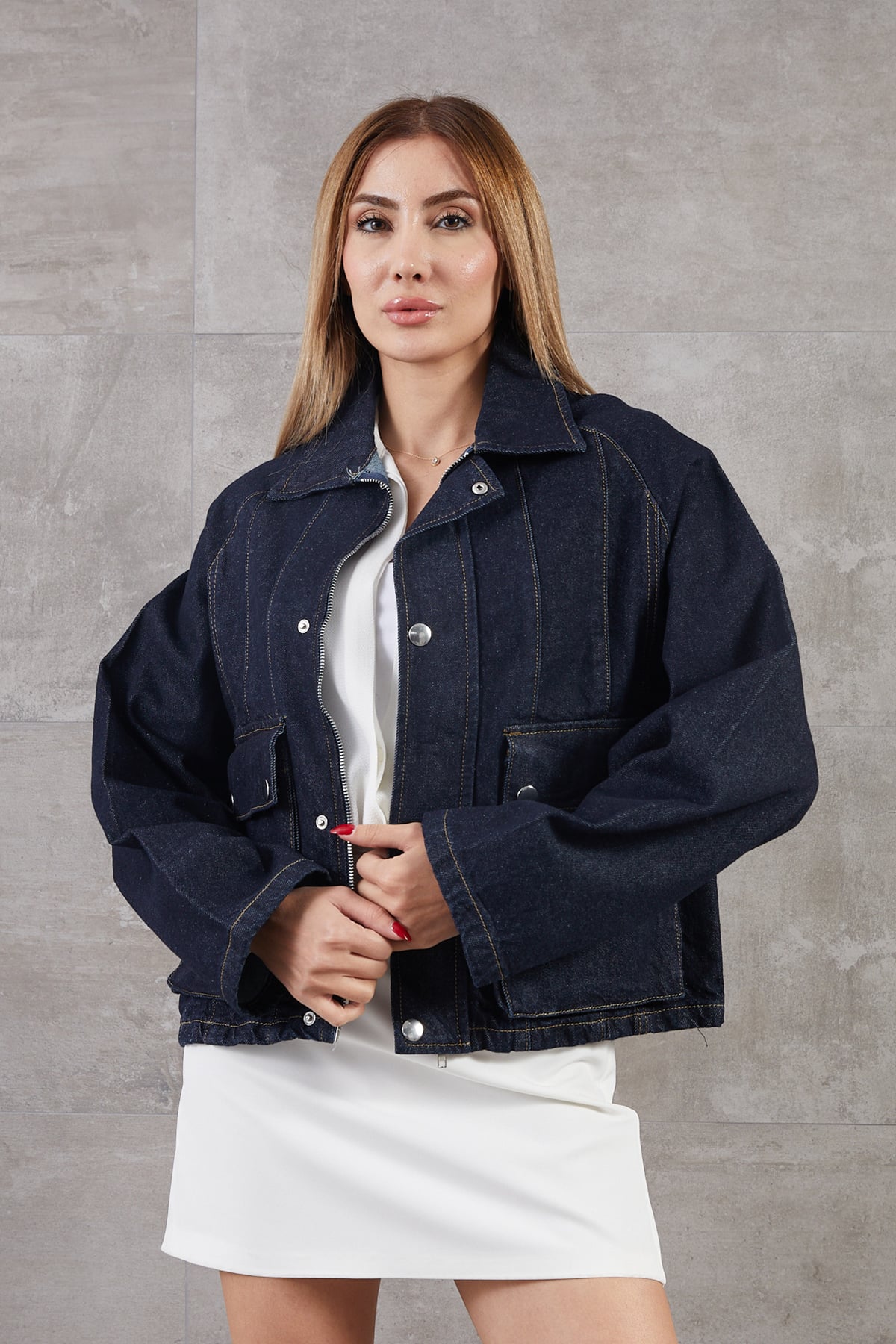 Torba Cepli Çıtçıt Detaylı Fermuarlı Kot Ceket Lacivert