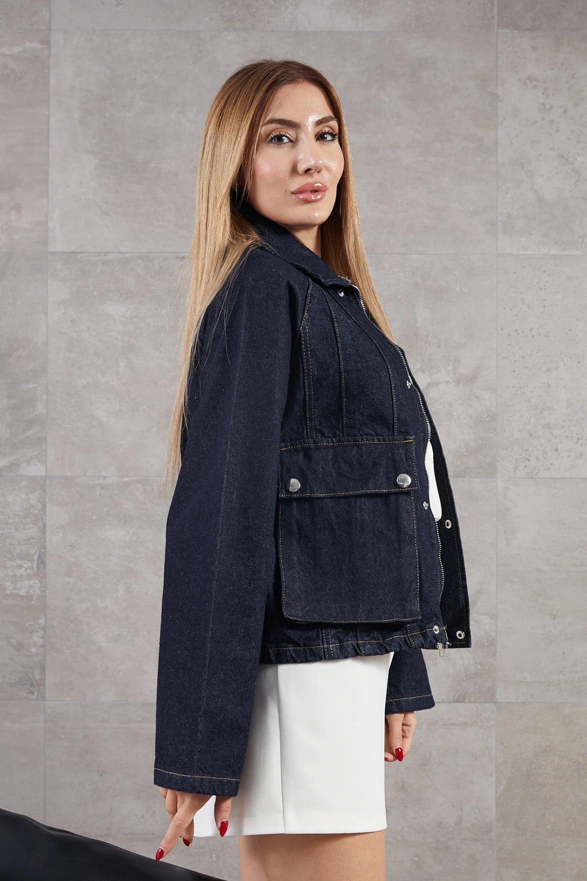 Torba Cepli Çıtçıt Detaylı Fermuarlı Kot Ceket Lacivert