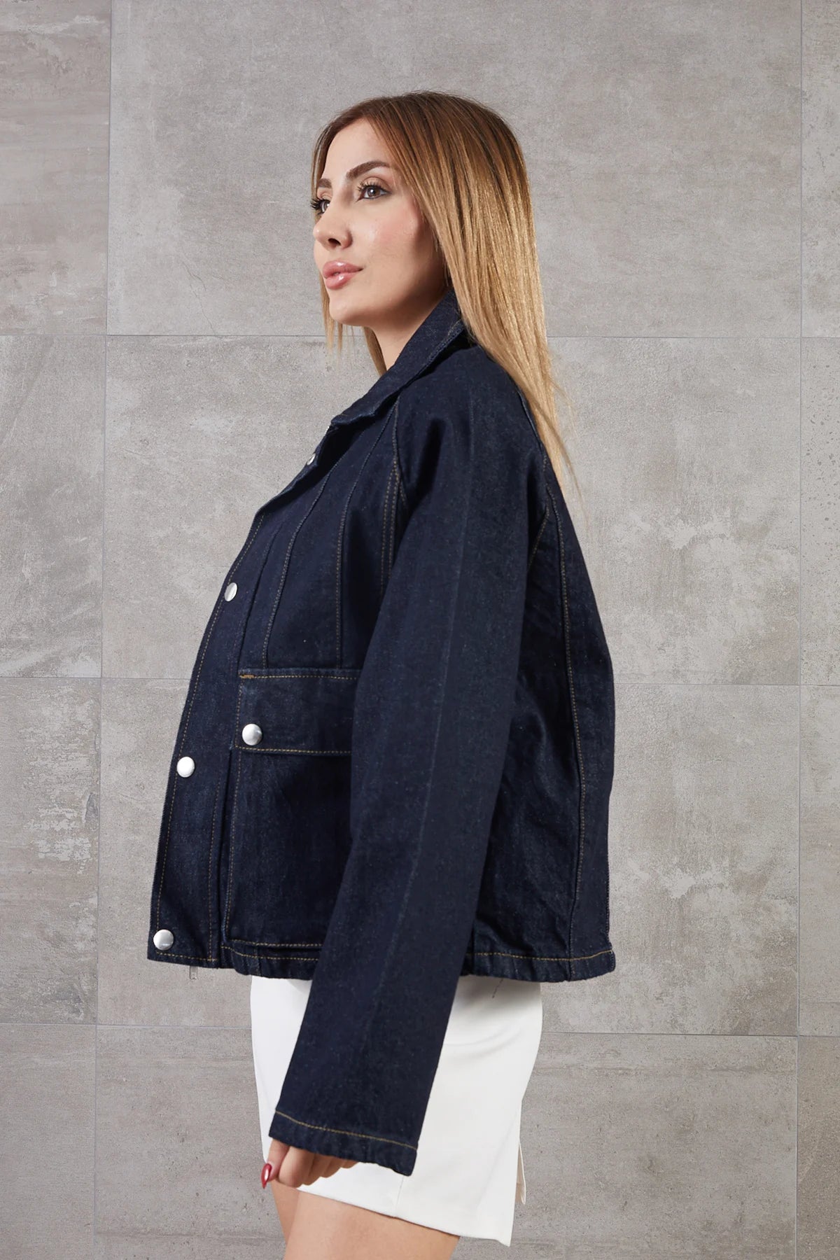 Torba Cepli Çıtçıt Detaylı Fermuarlı Kot Ceket Lacivert