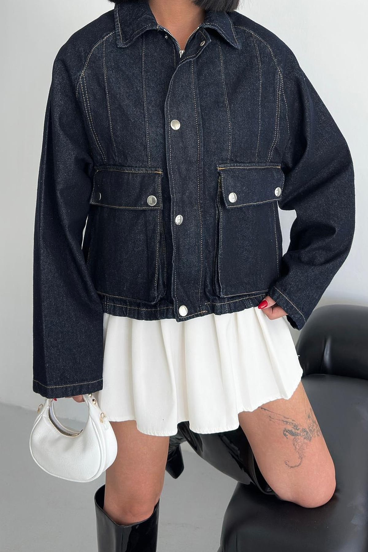 Torba Cepli Çıtçıt Detaylı Fermuarlı Kot Ceket Lacivert