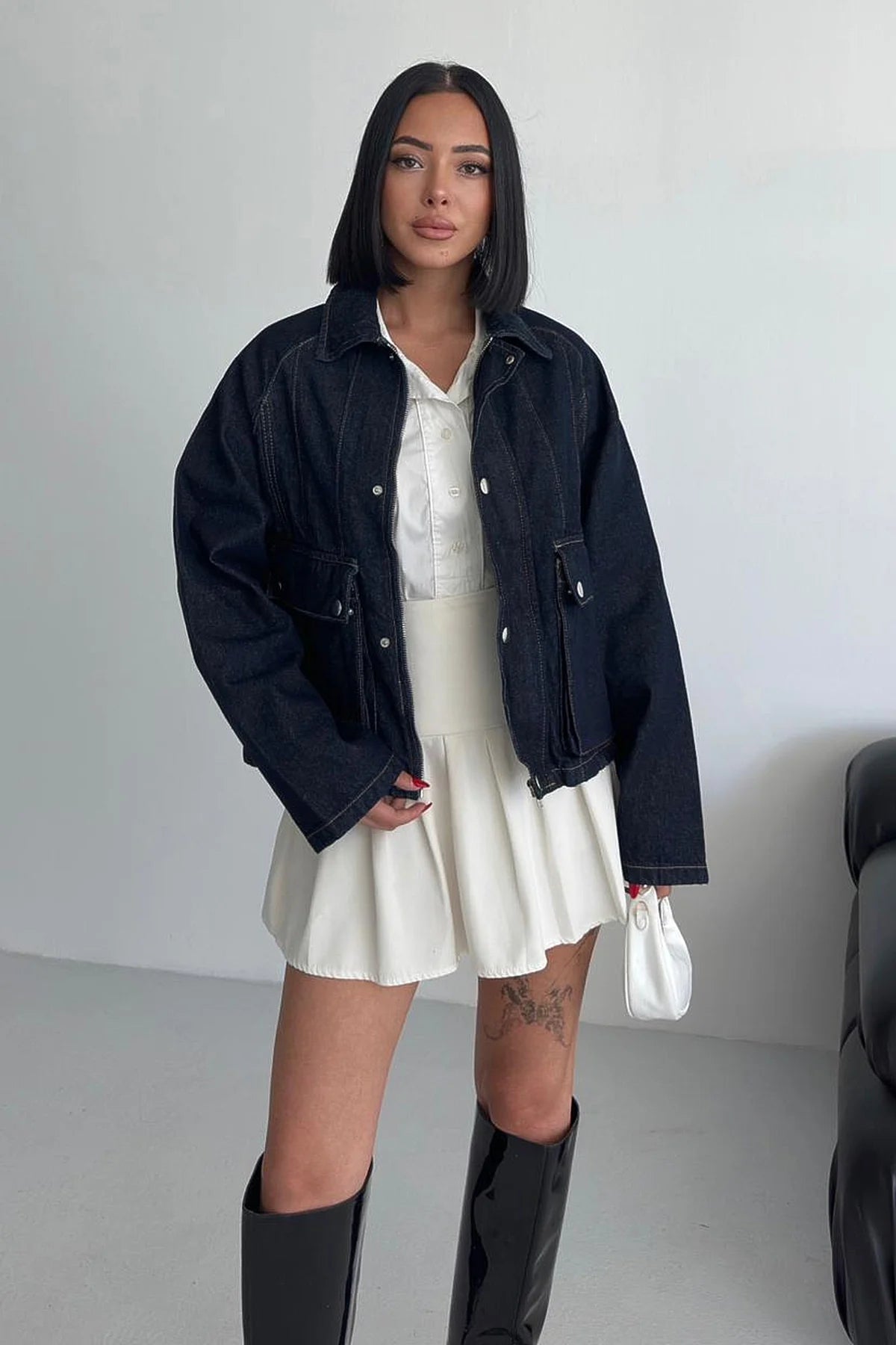 Torba Cepli Çıtçıt Detaylı Fermuarlı Kot Ceket Lacivert