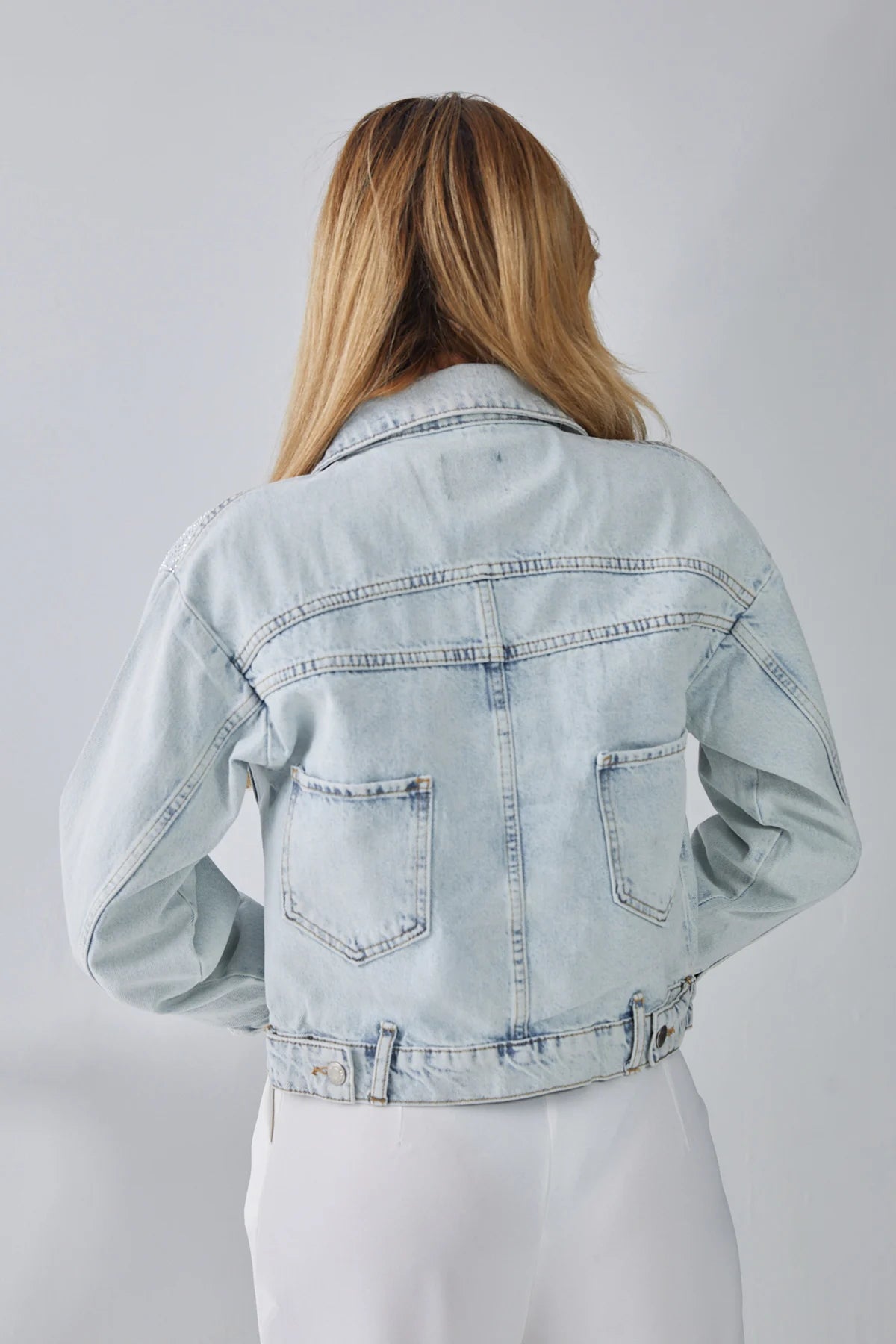 Taşlı Ön ve Arka Cep Detaylı Kot Ceket Buz Mavi