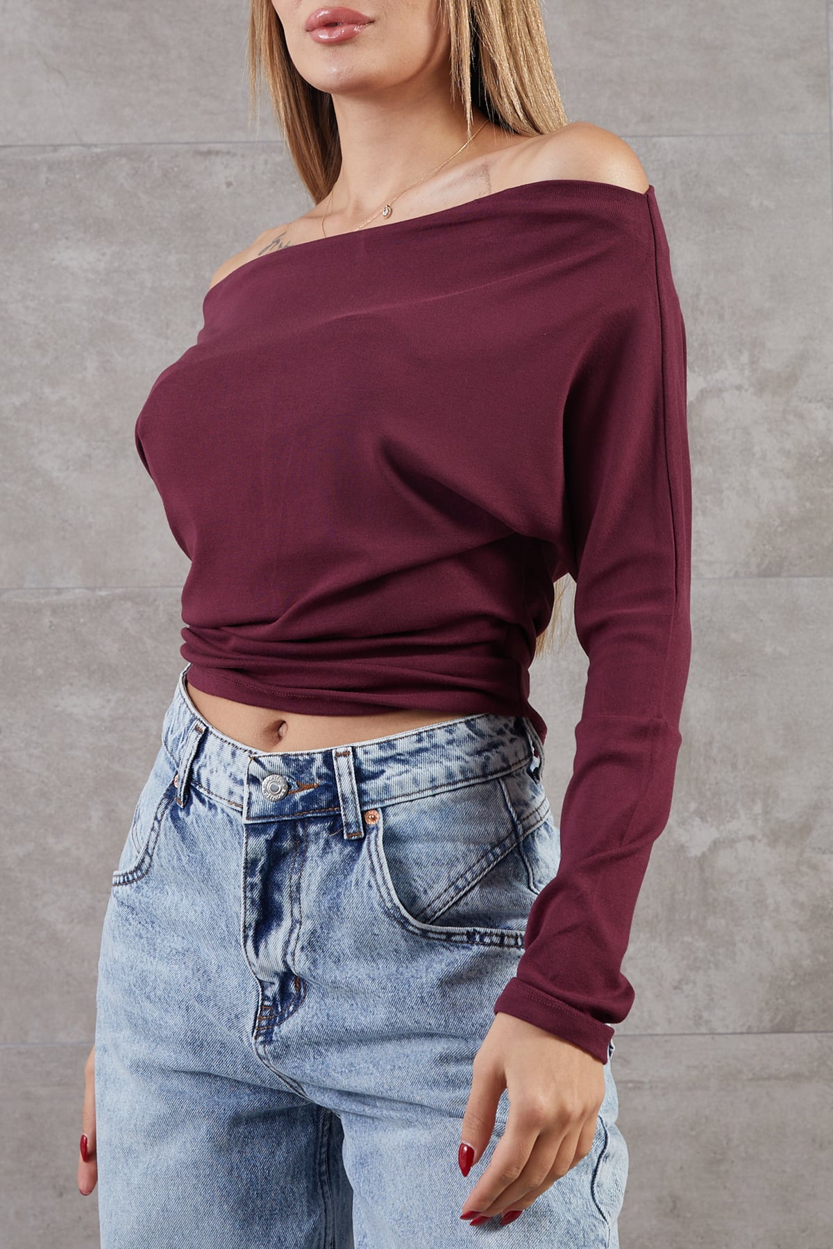 Kayık Yaka Basic Uzun Kol Bluz Bordo