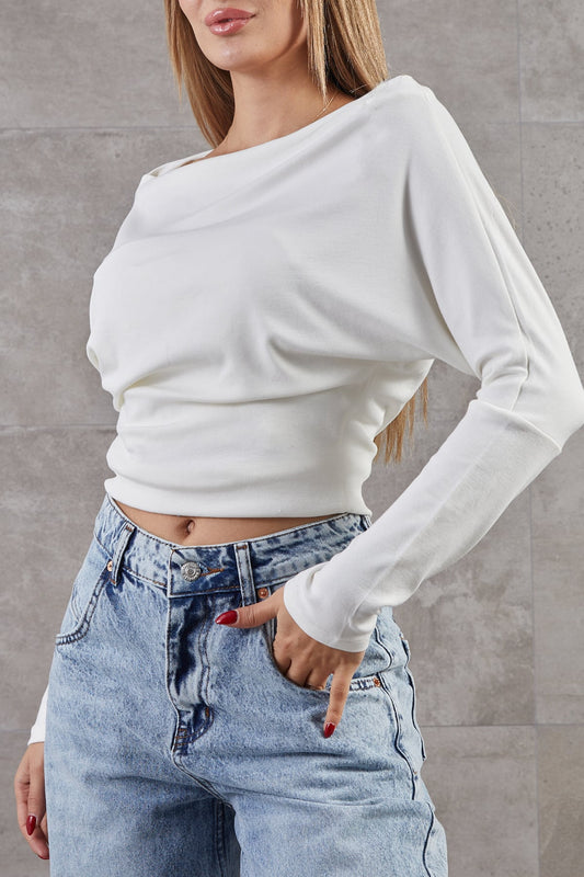 Kayık Yaka Basic Uzun Kol Bluz Ekru