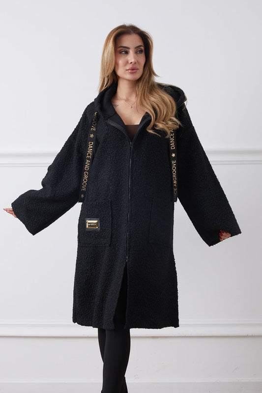 Buklet Çift Cepli Kapüşonlu Uzun Ceket Siyah