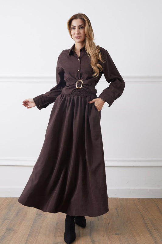 Kemer Detaylı Gömlek Etek İkili Takım Kahve