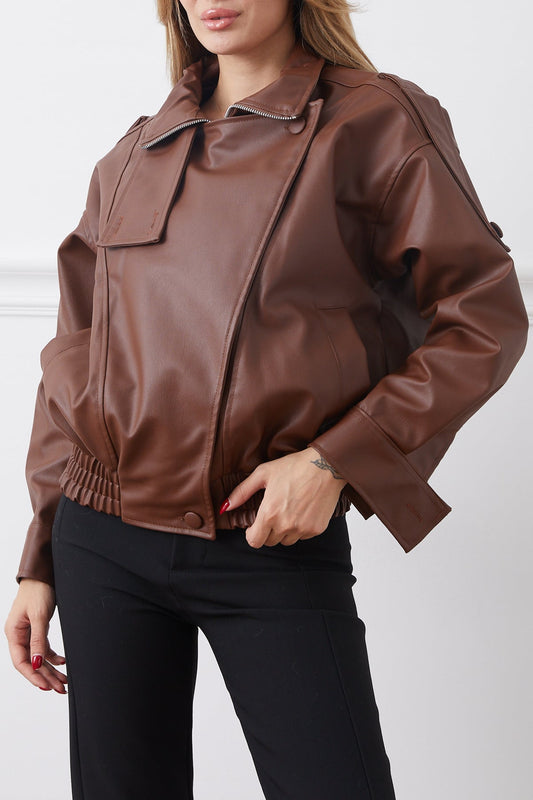 Suni Deri Beli Lastikli Gizli Fermuarlı Ceket Kahve