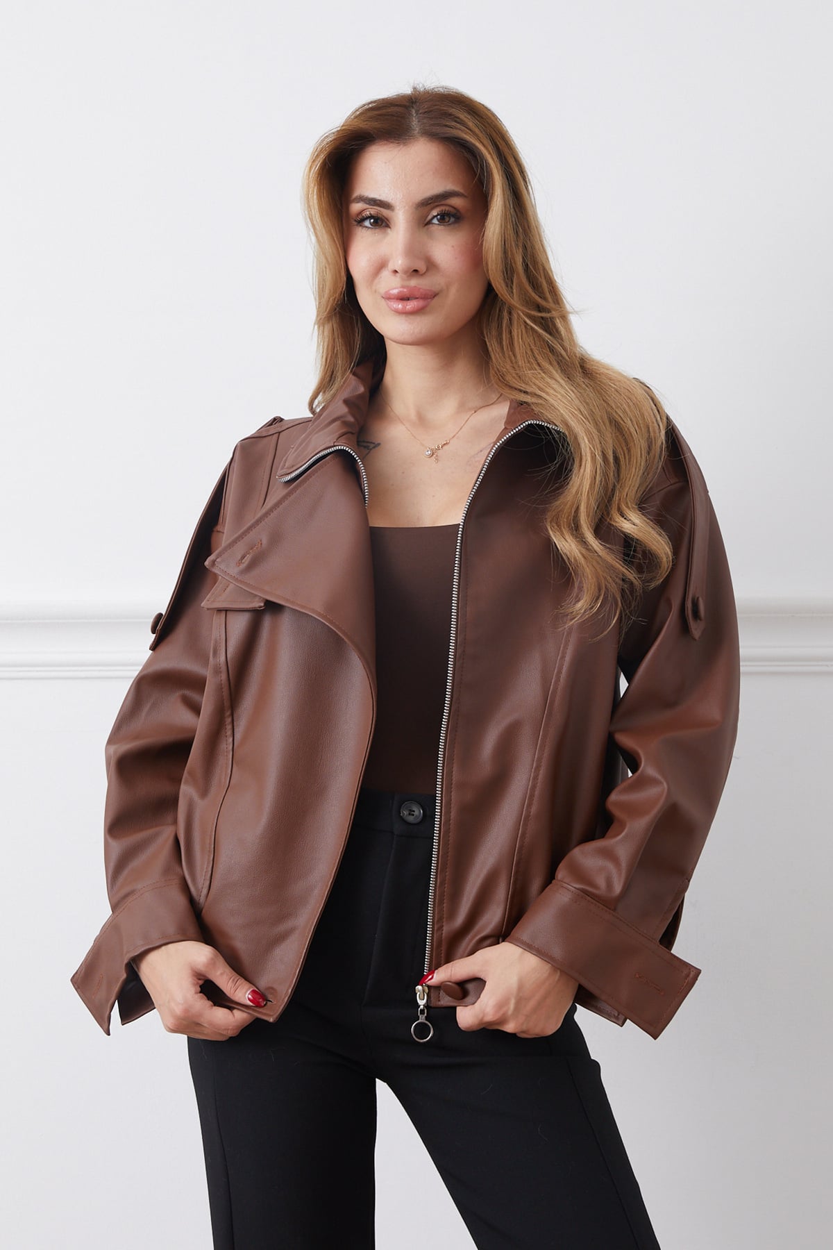 Suni Deri Beli Lastikli Gizli Fermuarlı Ceket Kahve