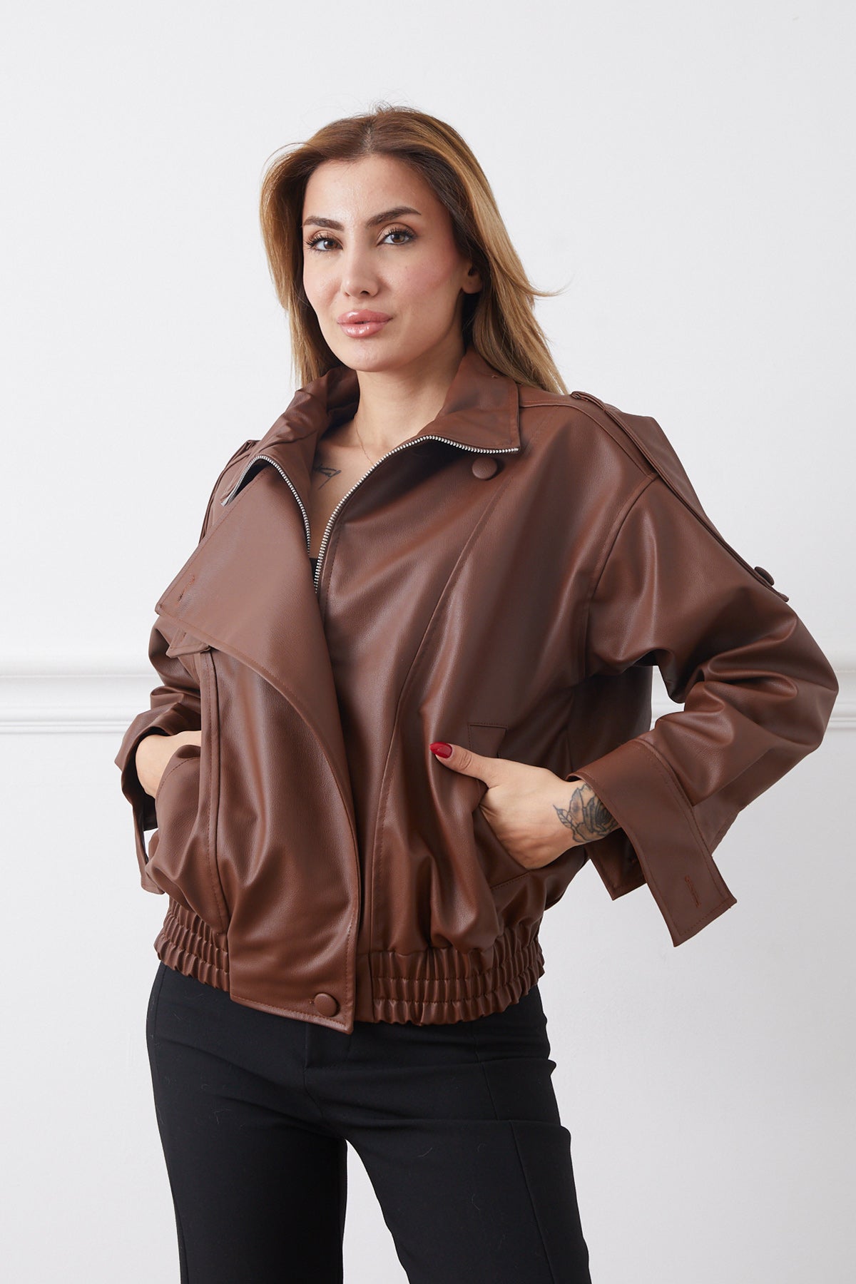 Suni Deri Beli Lastikli Gizli Fermuarlı Ceket Kahve