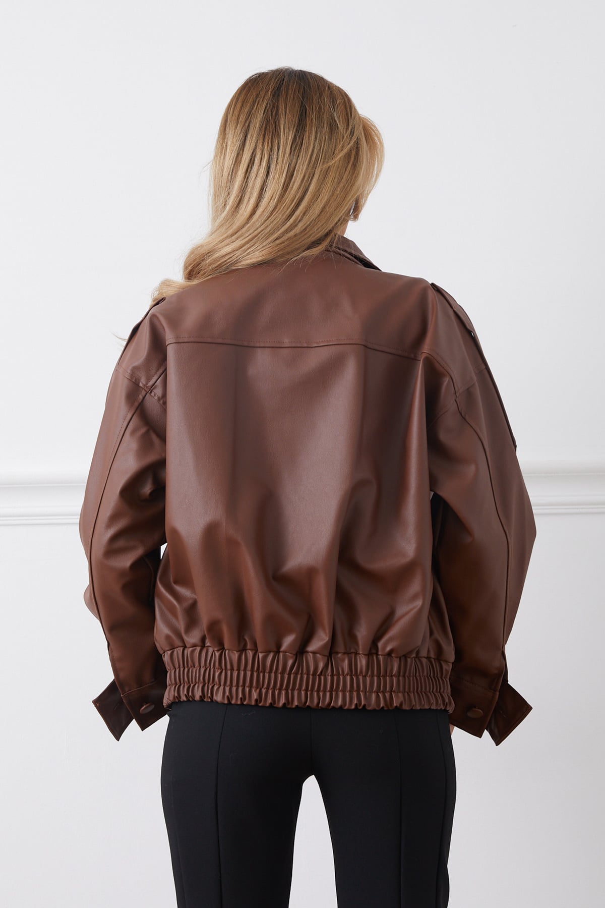 Suni Deri Beli Lastikli Gizli Fermuarlı Ceket Kahve