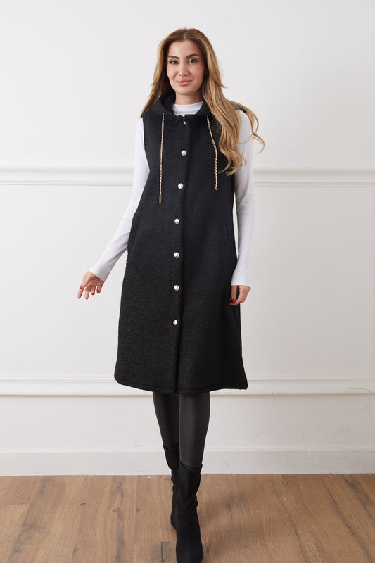 Zincir Detaylı Kapüşonlu Uzun Buklet Yelek Siyah