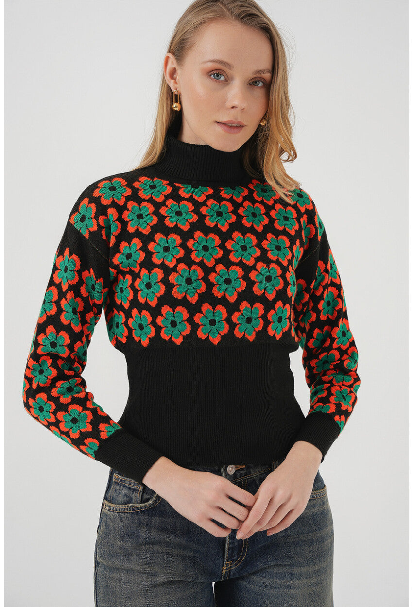 15801 Boğazlı Desenli Crop Kazak