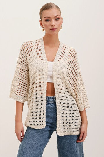 Ajurlu/Delikli Oversize Hırka - Taş 15855