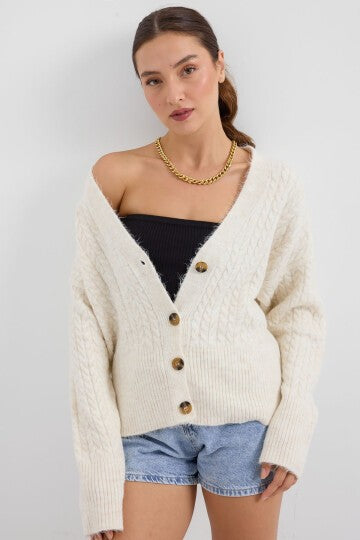 Örgülü Oversize Triko Hırka - Ekru 15885