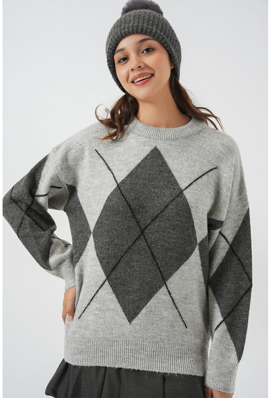 15895 Baklava Desenli Oversize Triko Kazak