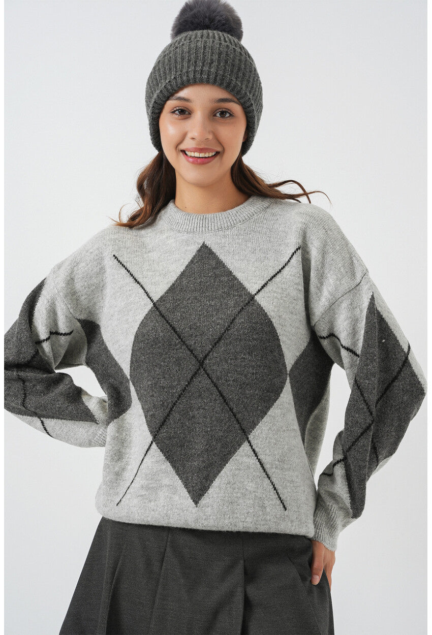 15895 Baklava Desenli Oversize Triko Kazak