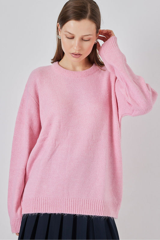 15895 Baklava Desenli Oversize Triko Kazak - A. Pembe