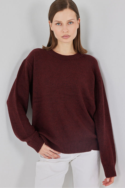 15895 Baklava Desenli Oversize Triko Kazak - D. Bordo