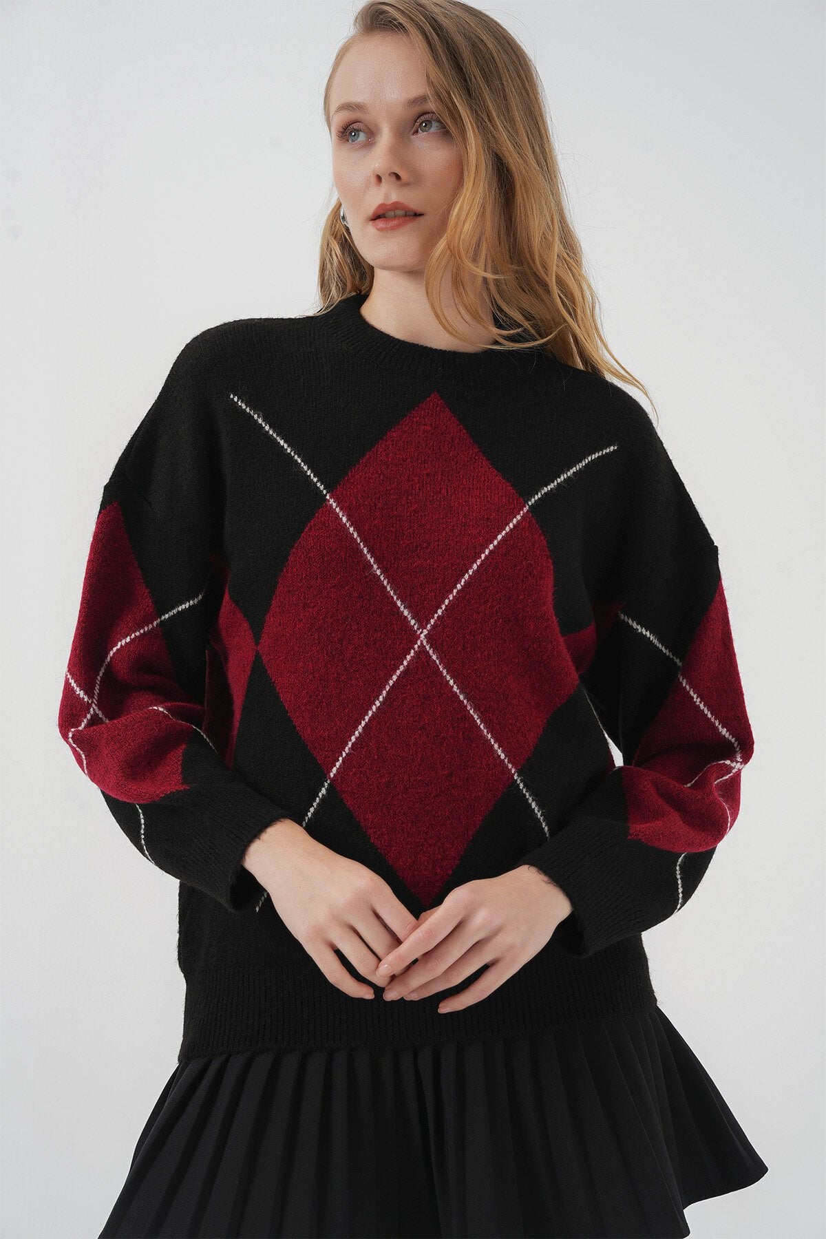 Merterium 15895 Baklava Desenli Oversize Triko Kazak - D. Siyah