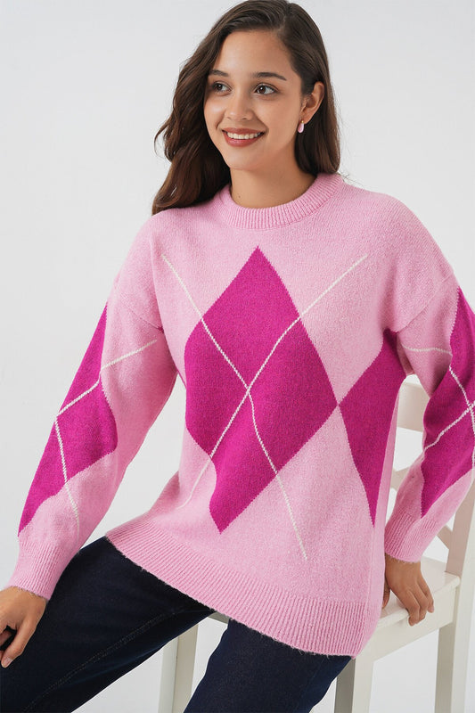 15895 Baklava Desenli Oversize Triko Kazak - D.Pembe