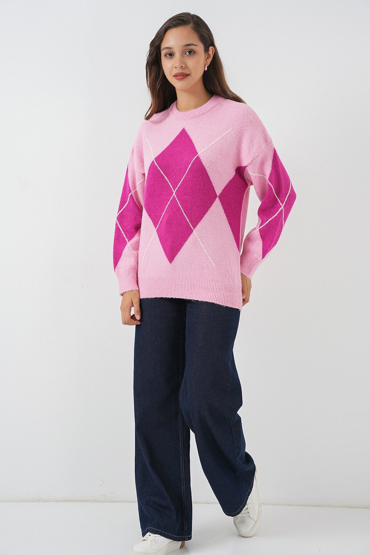15895 Baklava Desenli Oversize Triko Kazak - D.Pembe