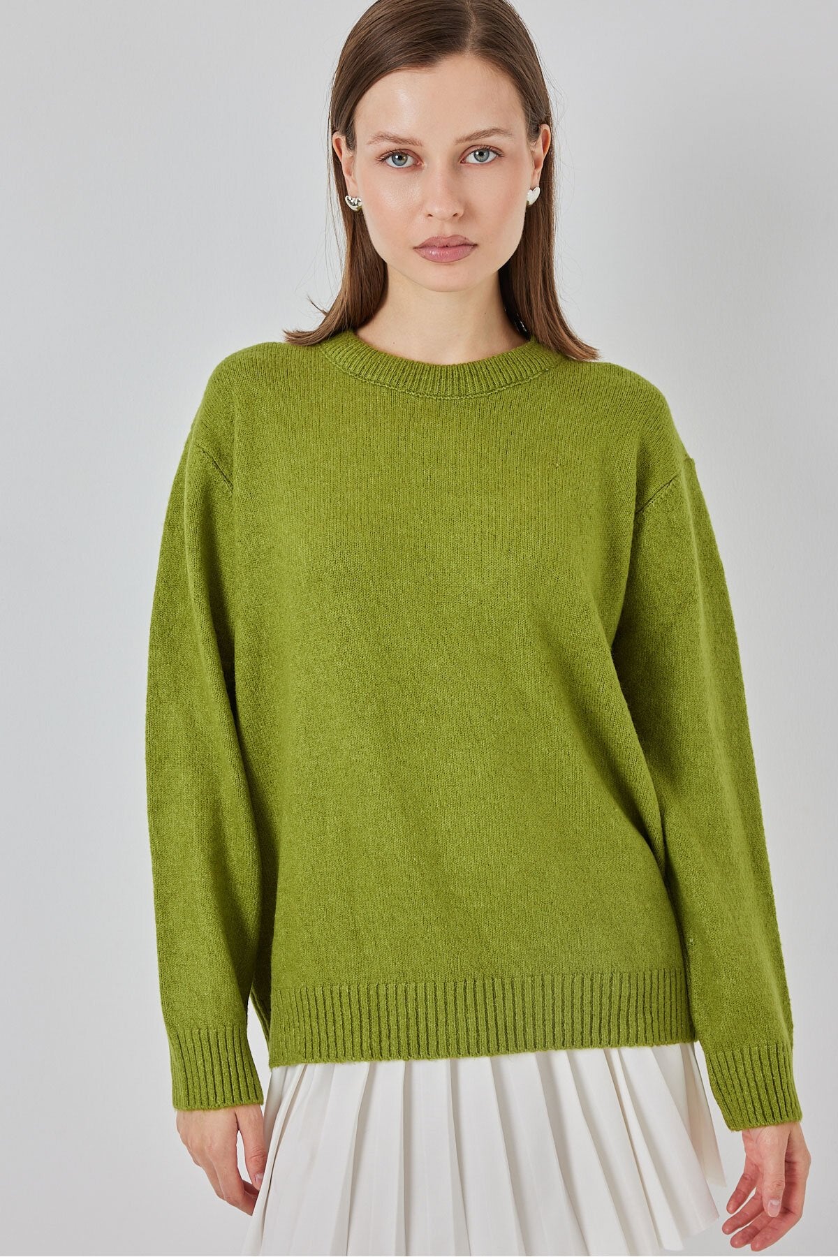 15895 Baklava Desenli Oversize Triko Kazak - D.Yeşil