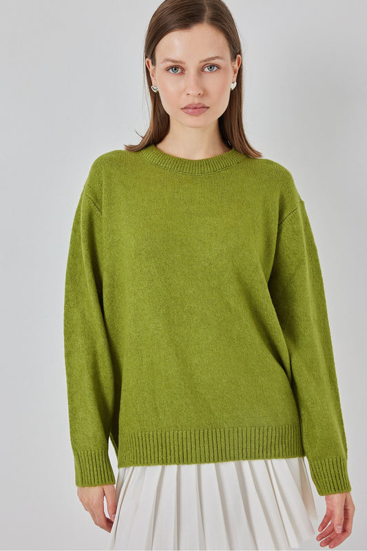 15895 Baklava Desenli Oversize Triko Kazak - D.Yeşil