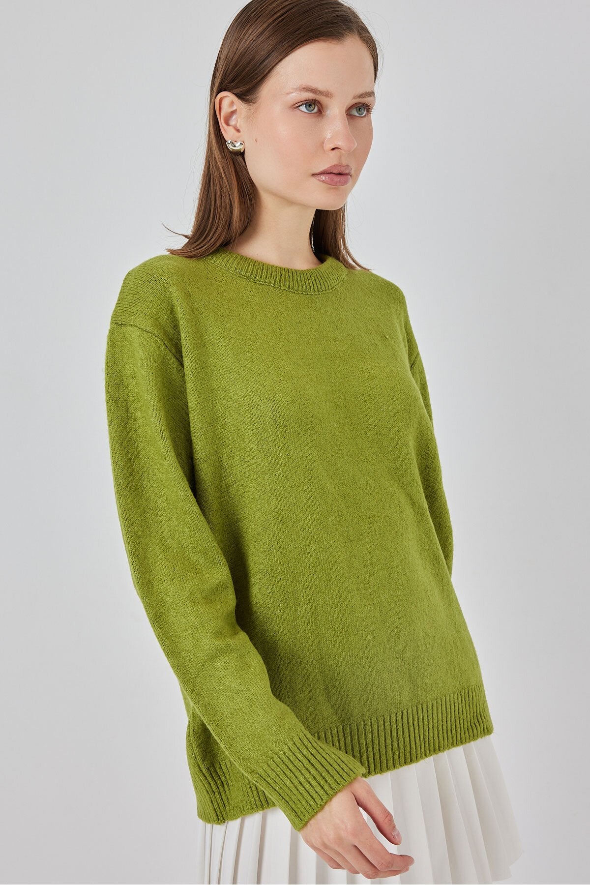 15895 Baklava Desenli Oversize Triko Kazak - D.Yeşil