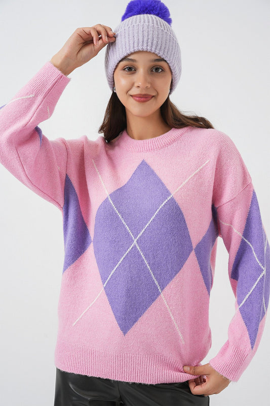 15895 Baklava Desenli Oversize Triko Kazak - Pembe