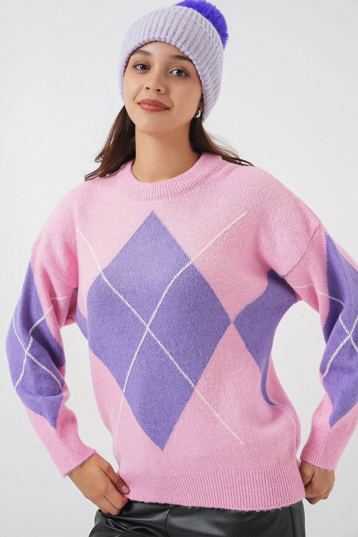 15895 Baklava Desenli Oversize Triko Kazak - Pembe