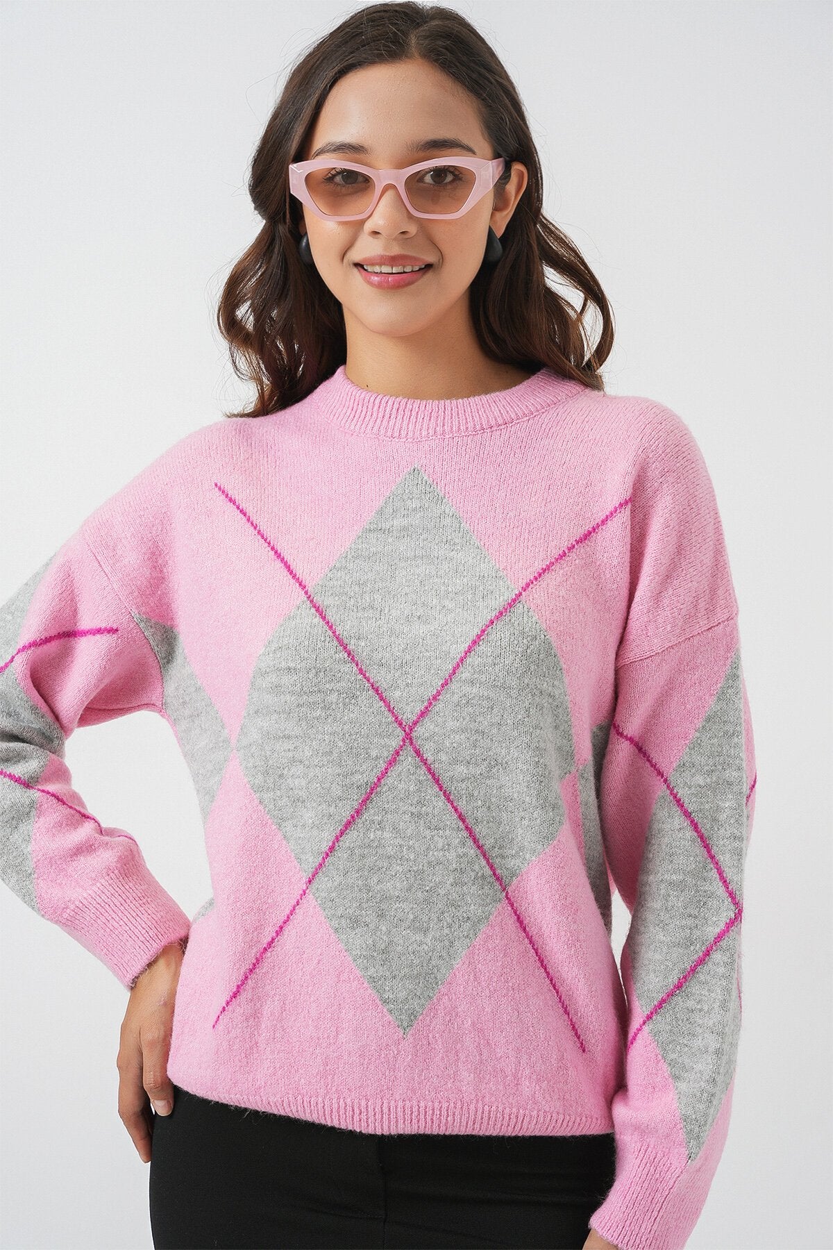 15895 Baklava Desenli Oversize Triko Kazak - Y.Pembe