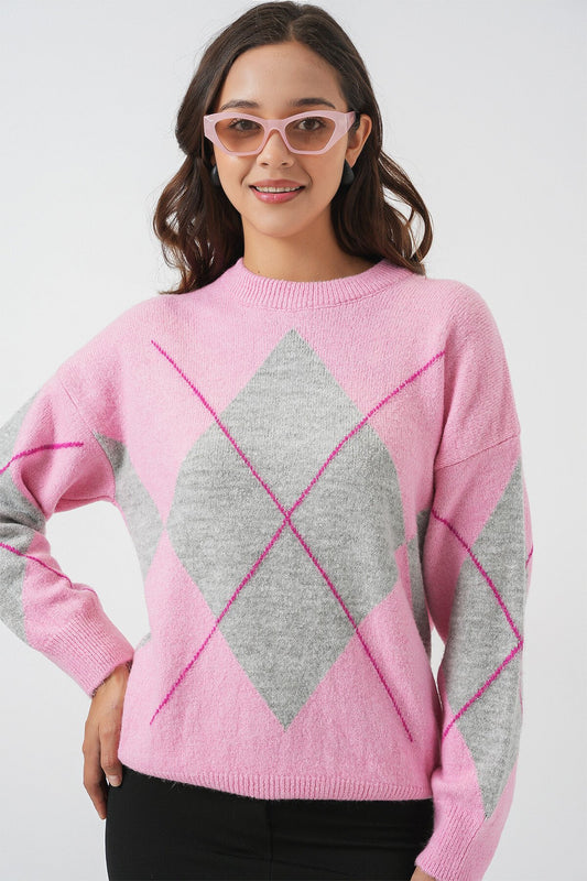 15895 Baklava Desenli Oversize Triko Kazak - Y.Pembe