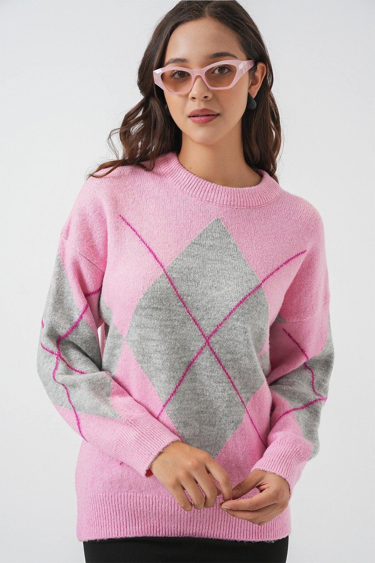 15895 Baklava Desenli Oversize Triko Kazak - Y.Pembe