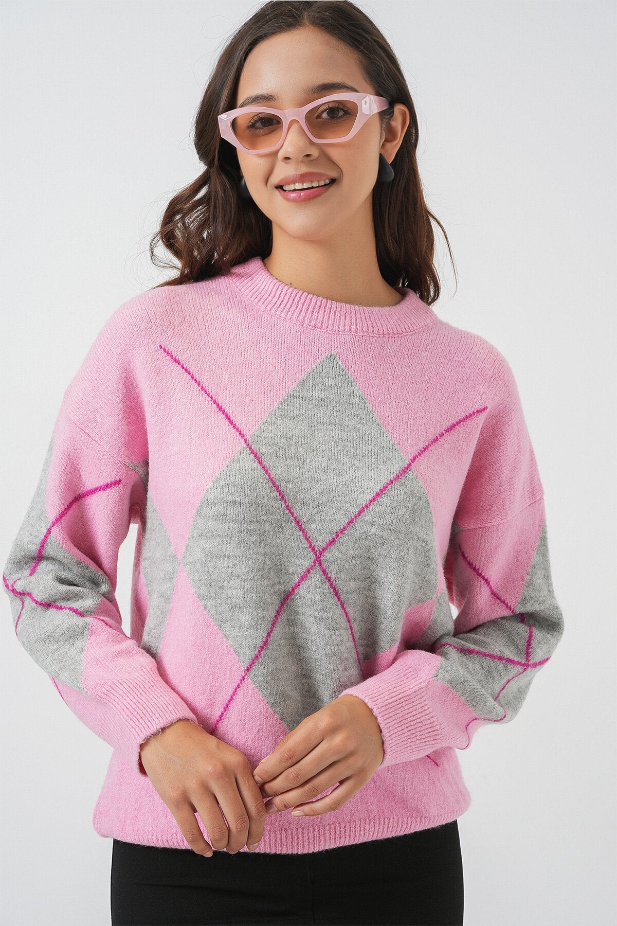 15895 Baklava Desenli Oversize Triko Kazak - Y.Pembe