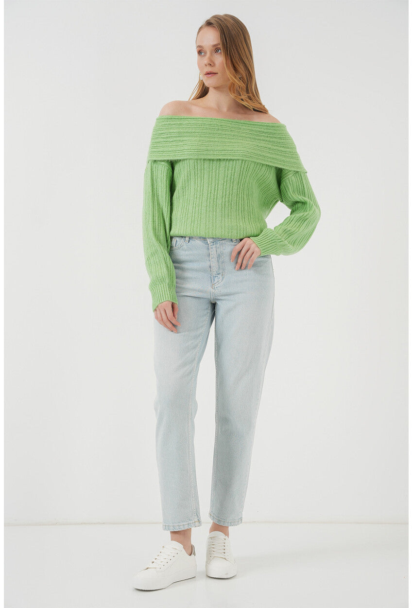 15908 Kadın Açık Omuz Oversize Triko Kazak