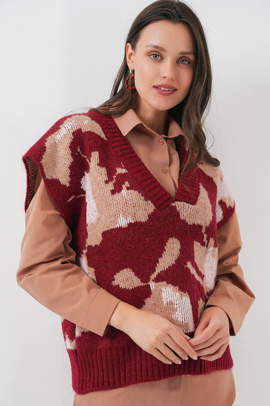 Merterium 15923 Kadın Oversize Triko Süveter - Bordo