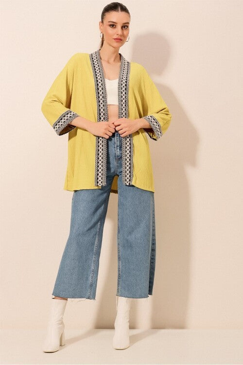Nakışlı Örme Kimono - A.Sarı 5866
