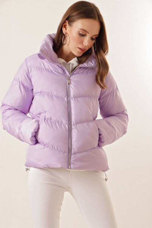 Stend yoqasi fermuarli puffer ko'ylagi - Lilac 5205