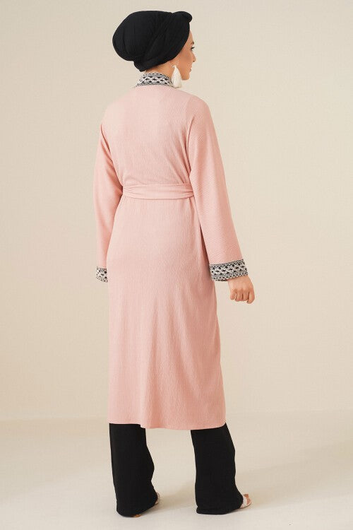 Nakışlı Örme Uzun Kimono - Pudra 5865